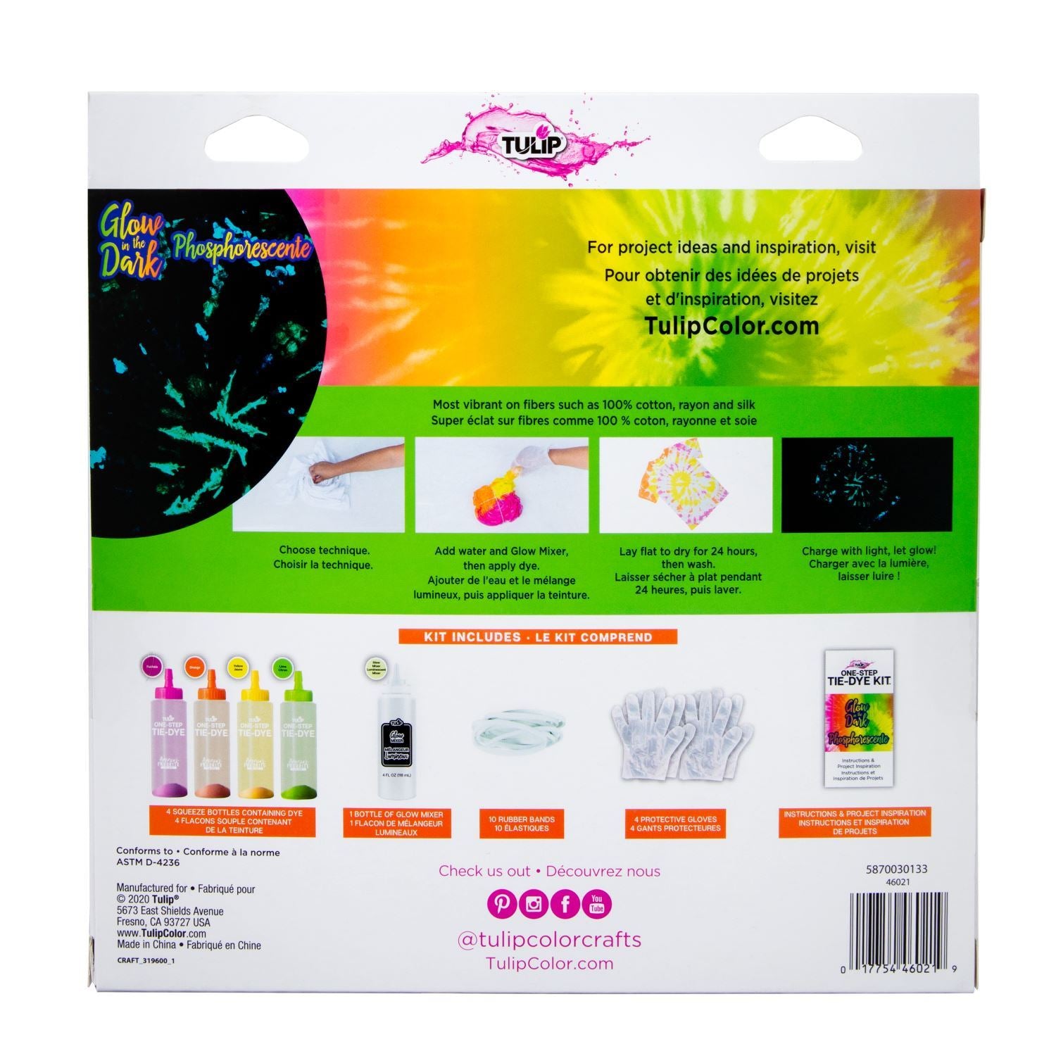 Tulip Glow-in-the-Dark 4-Color Tie-Dye Kit 46021 Glow Tie Dye Kit back of package