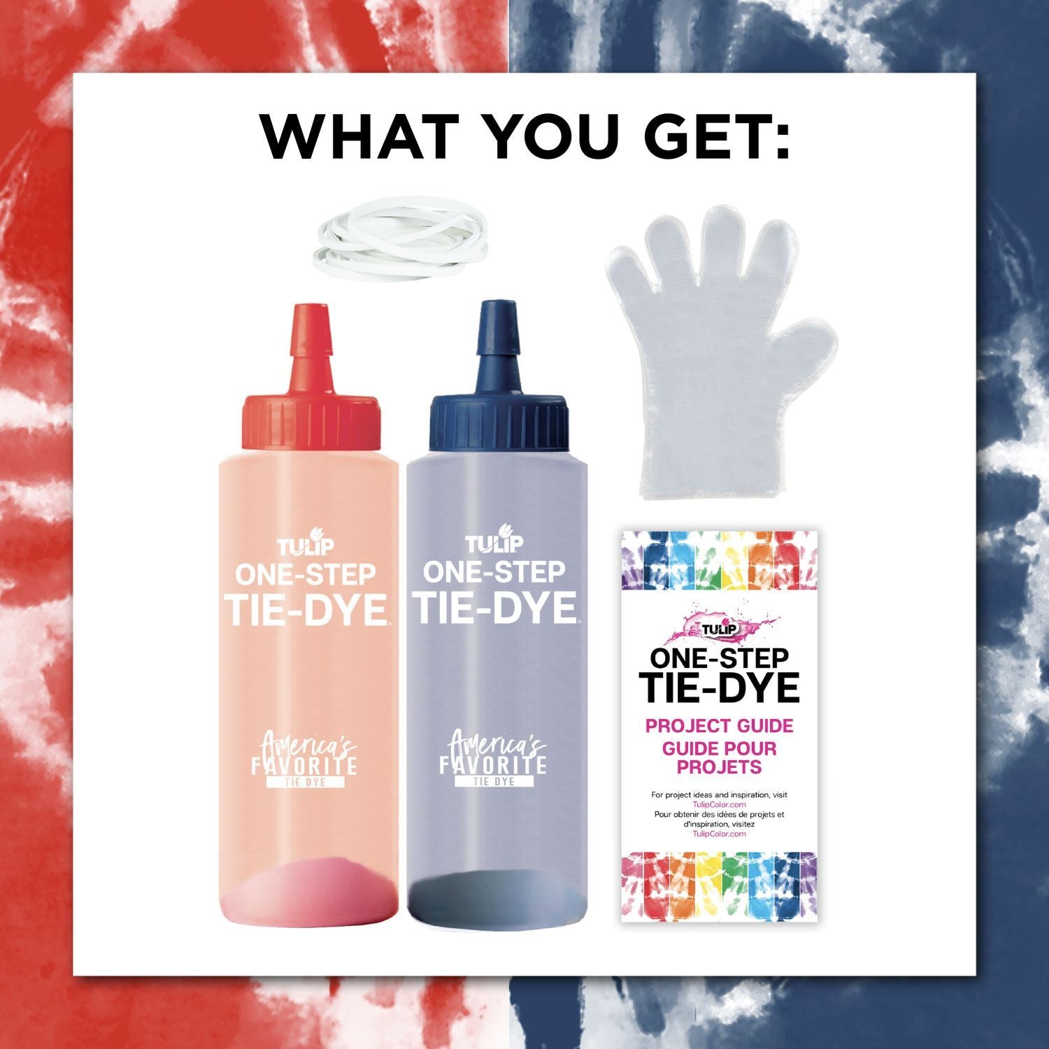Tulip One-Step Mini Tie-Dye Kit Patriot Tulip® One-Step Tie Dye Mini Kit Patriot - What you get - 2 bottles of dye (one blue and one red) gloves and instruction sheet
