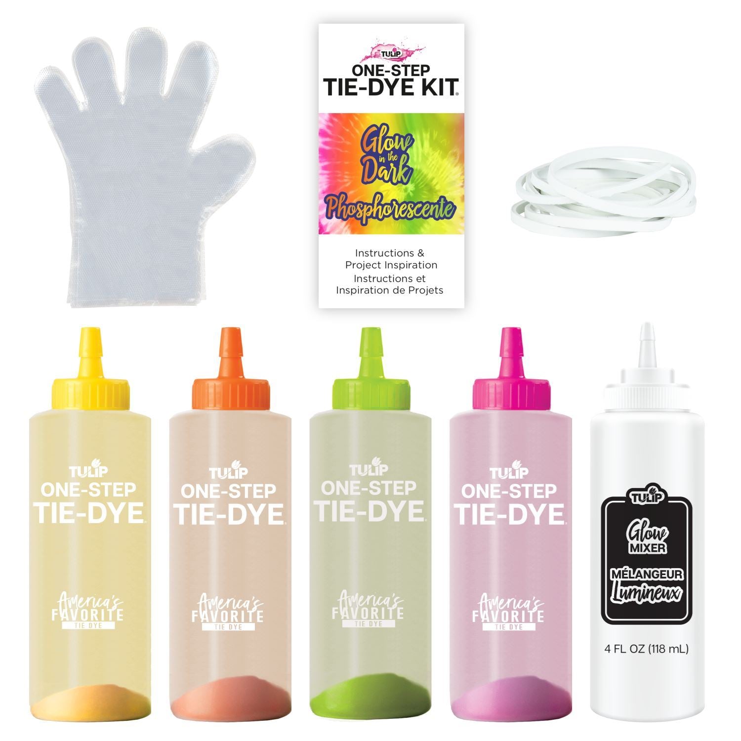 Tulip Glow-in-the-Dark 4-Color Tie-Dye Kit 46021 Glow Tie Dye Kit contents