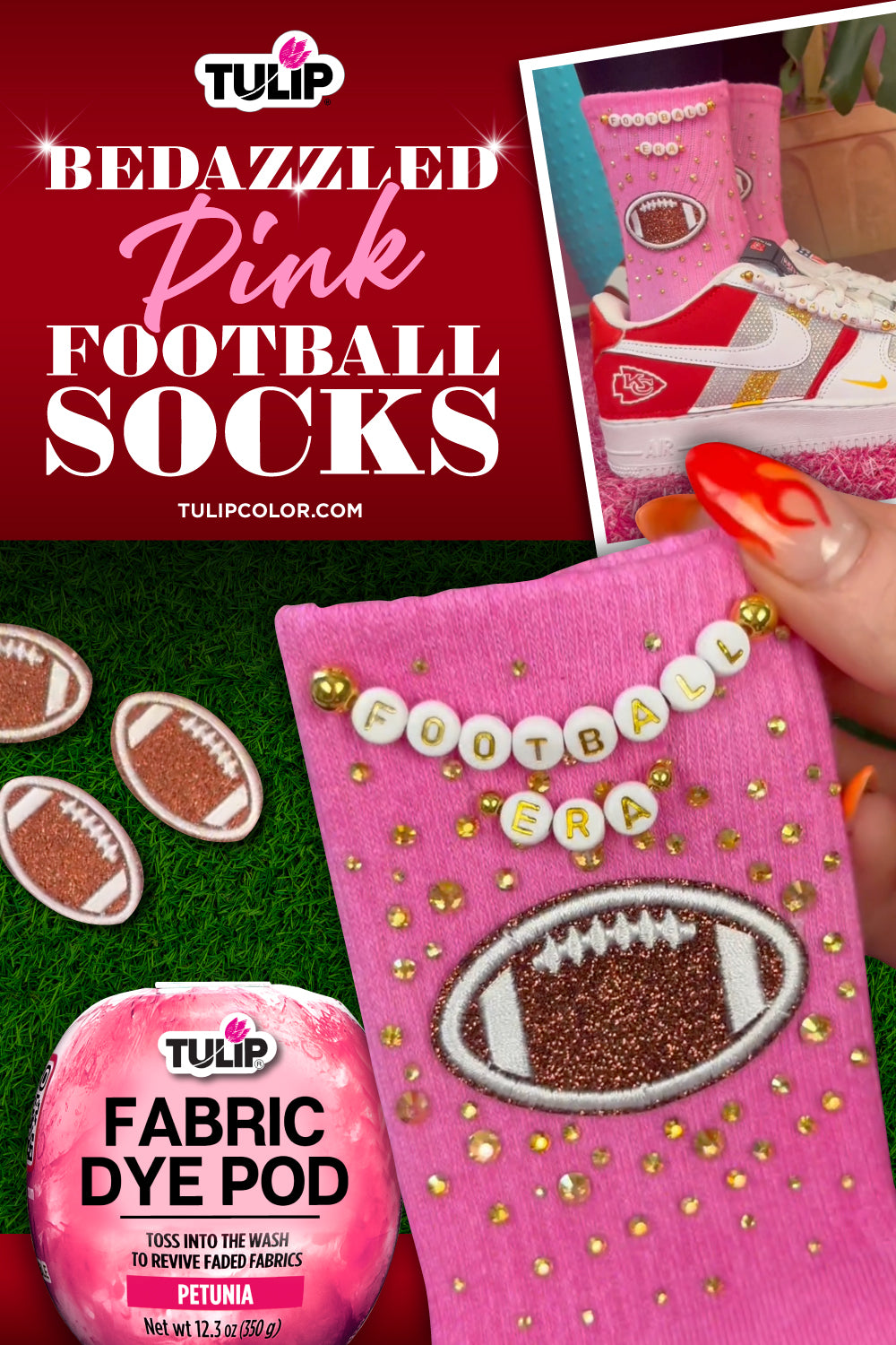 Bedazzled pink football socks with Tulip Fabric Dye Pod in Petunia