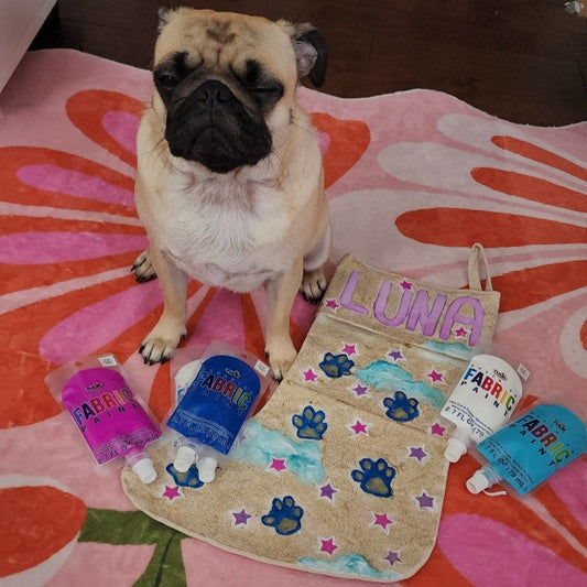 Pug sitting beside a personalized paw-print stocking painted with fabric paint.
