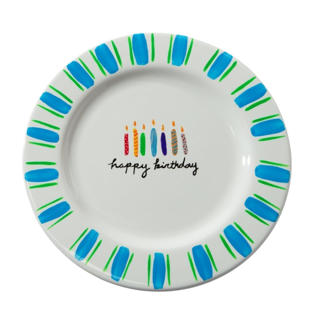 White ceramic dinner plate with blue and green stripes on rim and “Happy Birthday” and colored candles in the middle.  