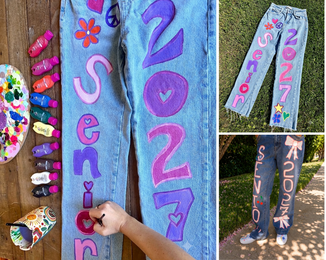 3 image collage with three different pairs of denim jeans painted with "Senior 2027" on pant legs