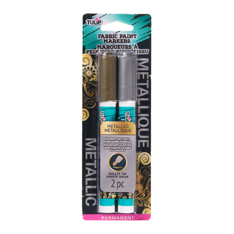 Picture of 50025 Tulip Fabric Paint Markers, Permanent, Metallic, Gold, Silver, Bleed Resistant, Works on Light and Dark Fabrics, Shoes, Canvas, Bullet Tip, 2 Pack, fabric can be washed