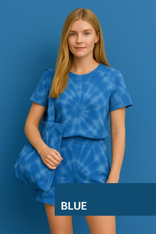 Girl wearing blue tie dye. Click to shop blue products