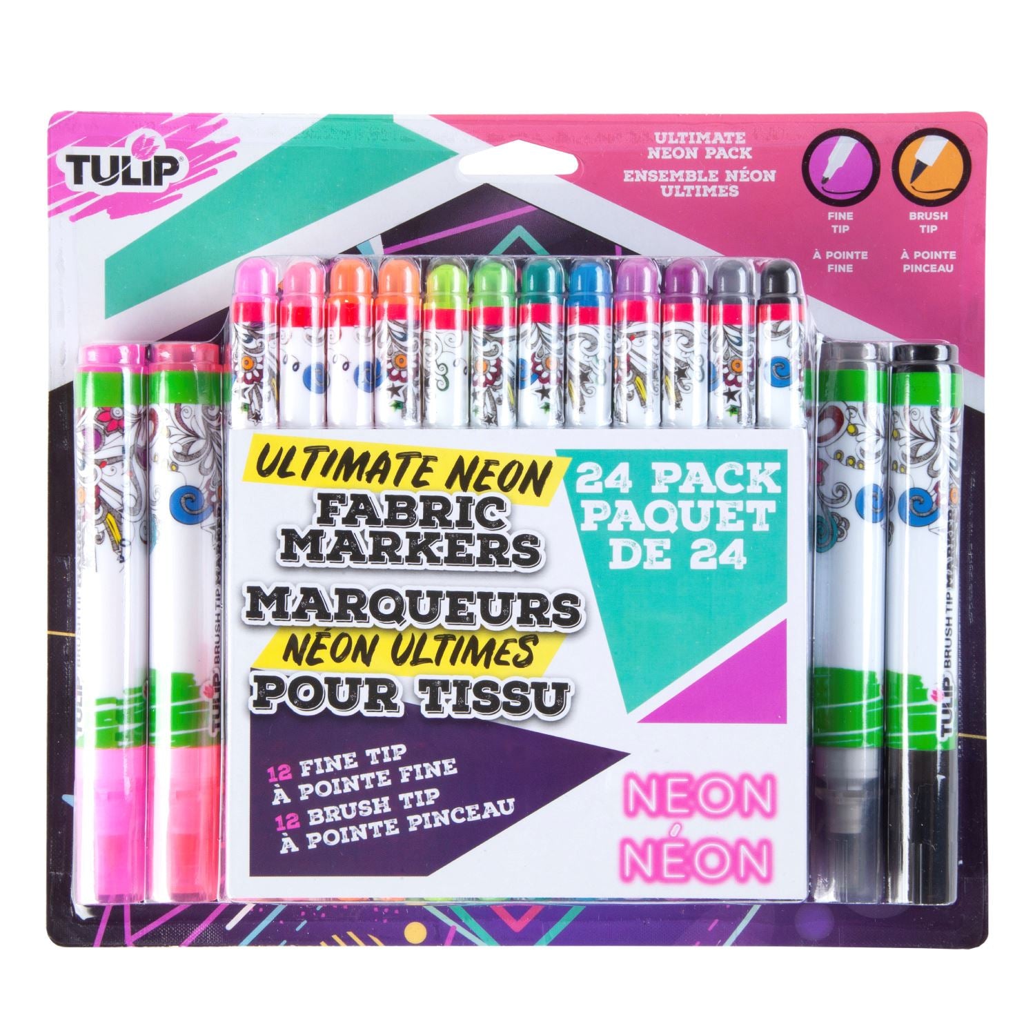 Picture of 44274 Tulip Fine Tip & Brush Tip Fabric Markers Ultimate Neon 24 Pack