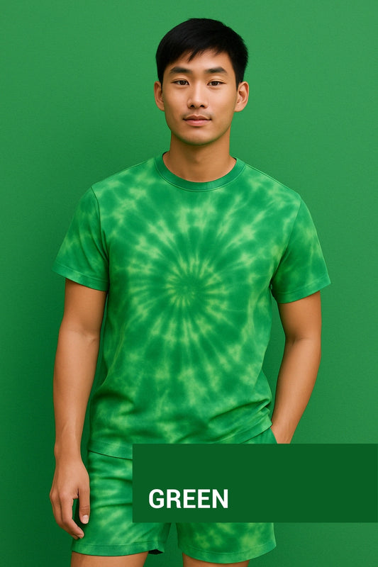 Boy wearing green tie dye. Click to shop green products