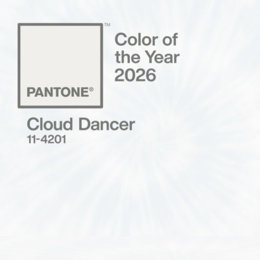 Pantone color swatch for 'Cloud Dancer' with text indicating it as the color of the year 2026.