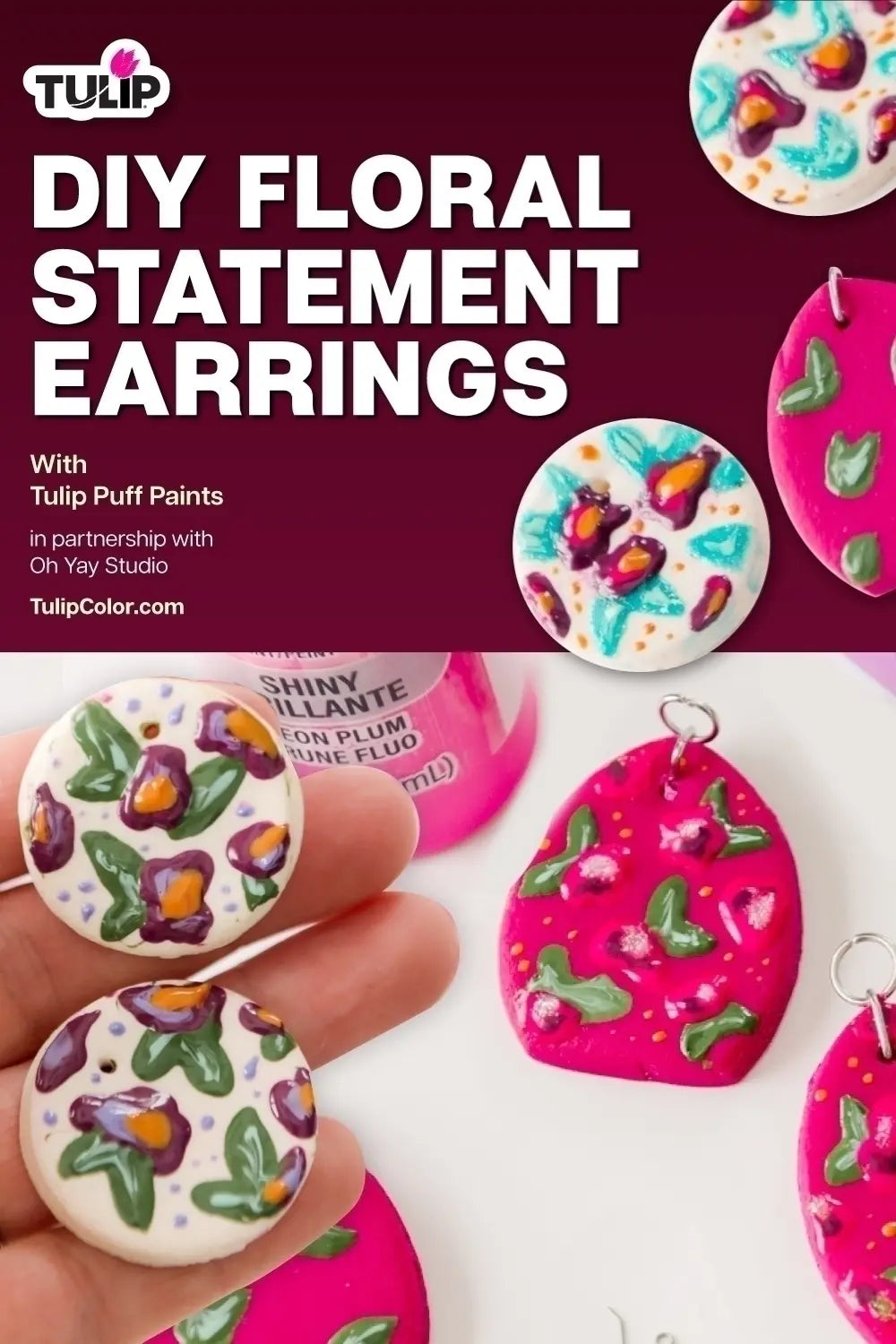 Floral Handmade Earrings with Puff Paint
