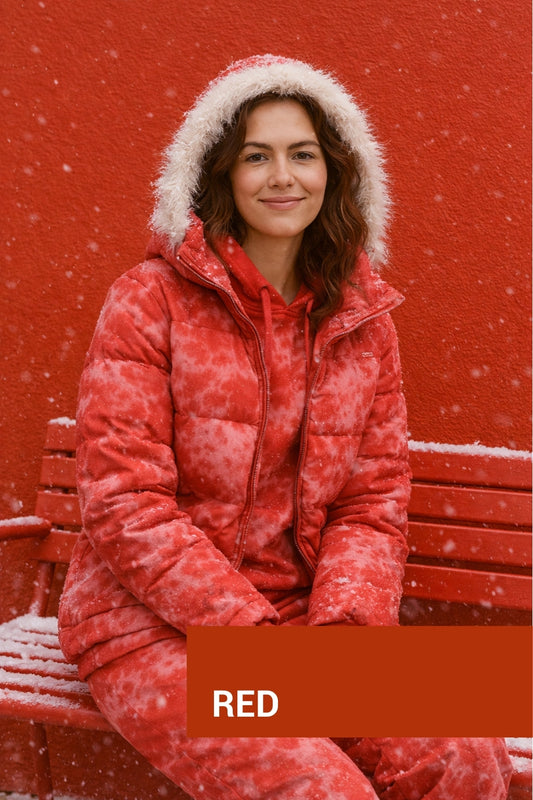Person wearing a red puffer jacket sitting on a red bench with snow falling.