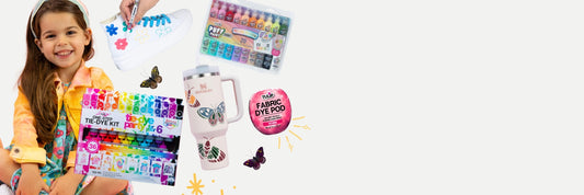Child with art supplies and fabric paint products on a white background