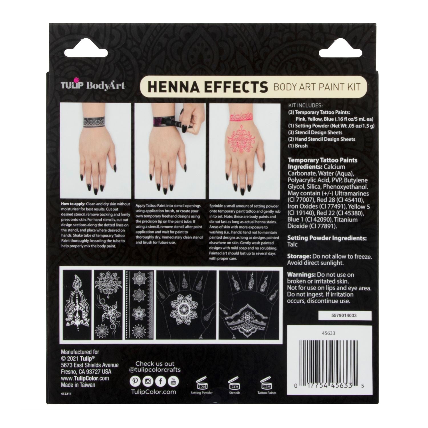 Tulip Ultimate Henna Inspired Kit, Jewel Tones: Pink, Yellow, Blue Temporary Body Tattoo, Look of Henna