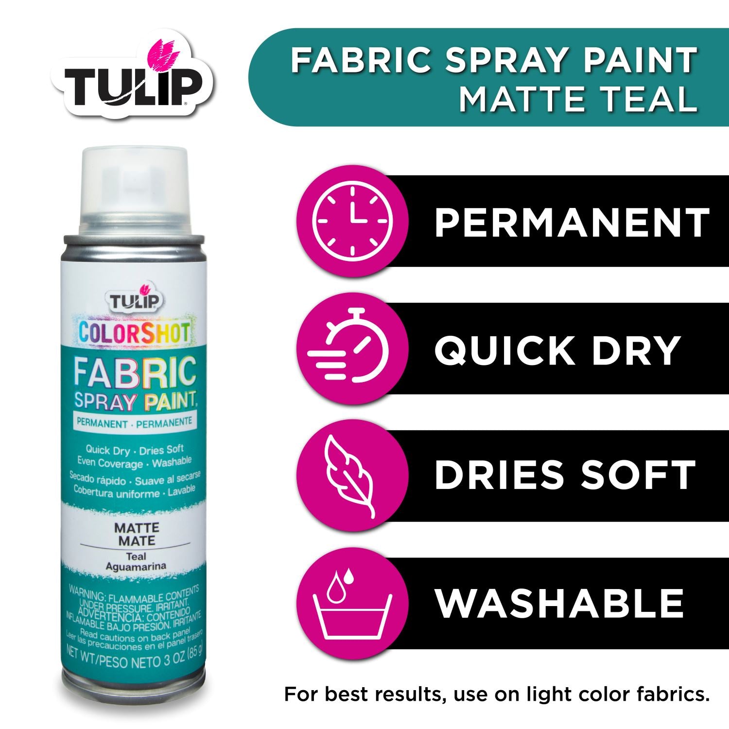 fabric spray paint matte teal. permanent. quick dry. dries soft. washable.