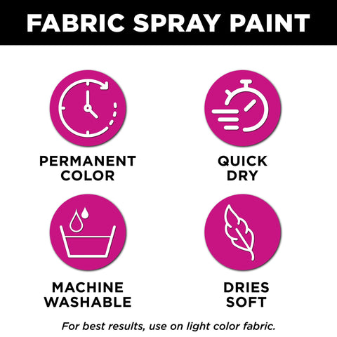 fabric spray paint. permanent color. quick dry. machine washable. dries soft. for best results, use on light color fabric.